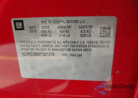 2015 Chevrolet Cruze 1Lt Auto from USA, damaged, VIN 1G1PC5SB8F7221274